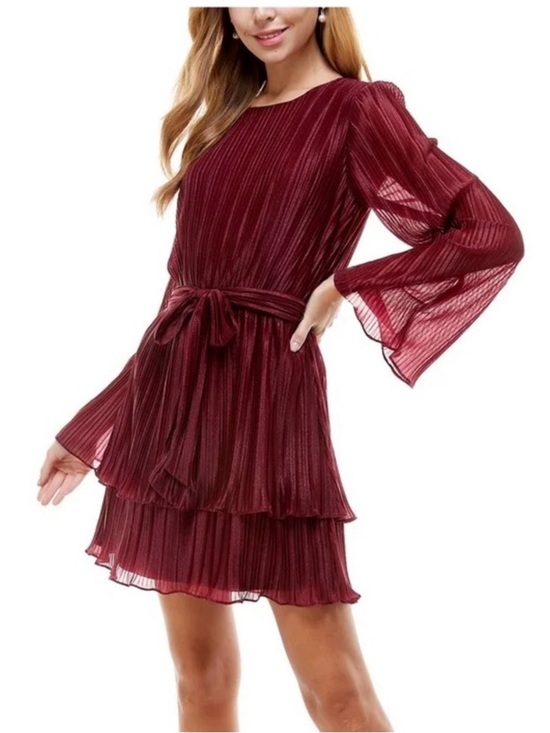 City Studio Dresses & Skirts - City Studio Deep Burgundy Long-Sleeve Pleated Tie-Waist Dress